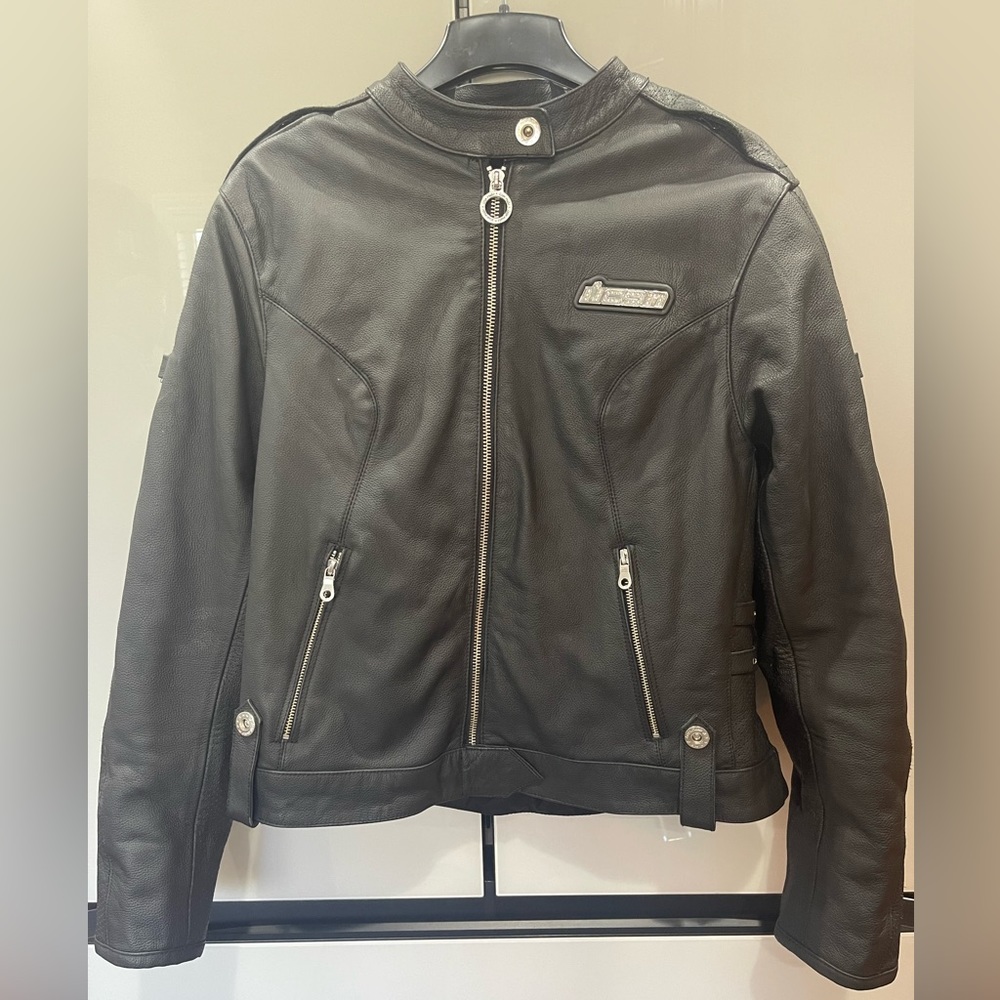 Hella women’s moto, XL, leather, interior armor, crystal logo, zip out lining